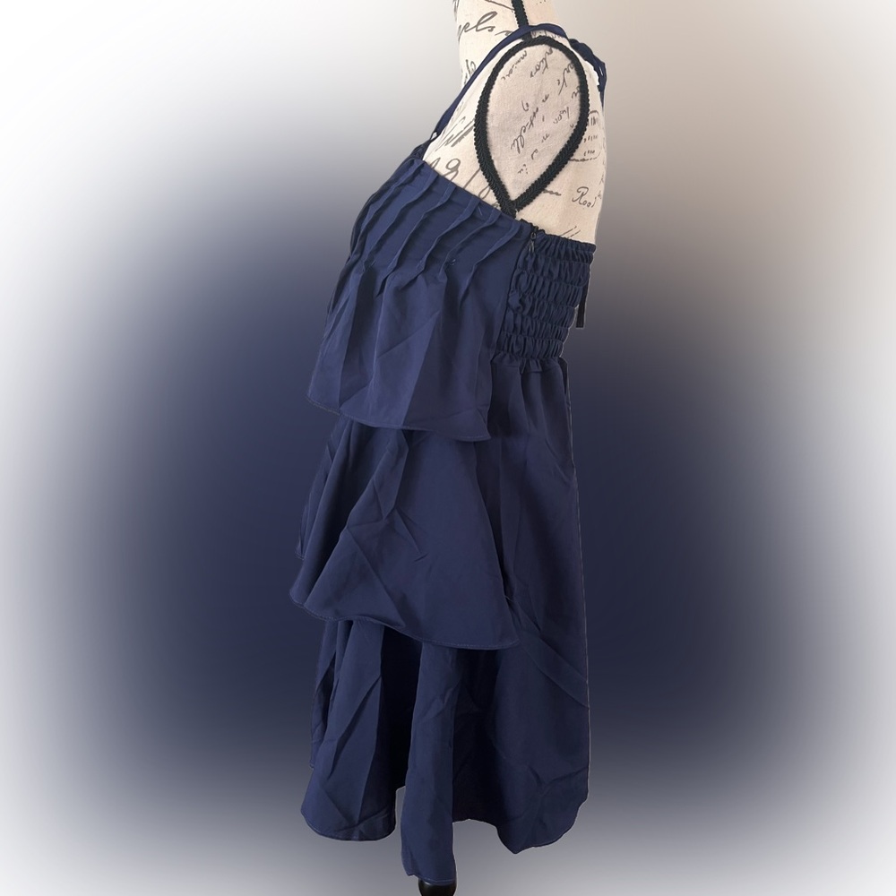 NWT Navy Blue Tiered Halter Mini Sundress Smocked Sz Small Tie Neck Bohemian - Picture 4 of 10